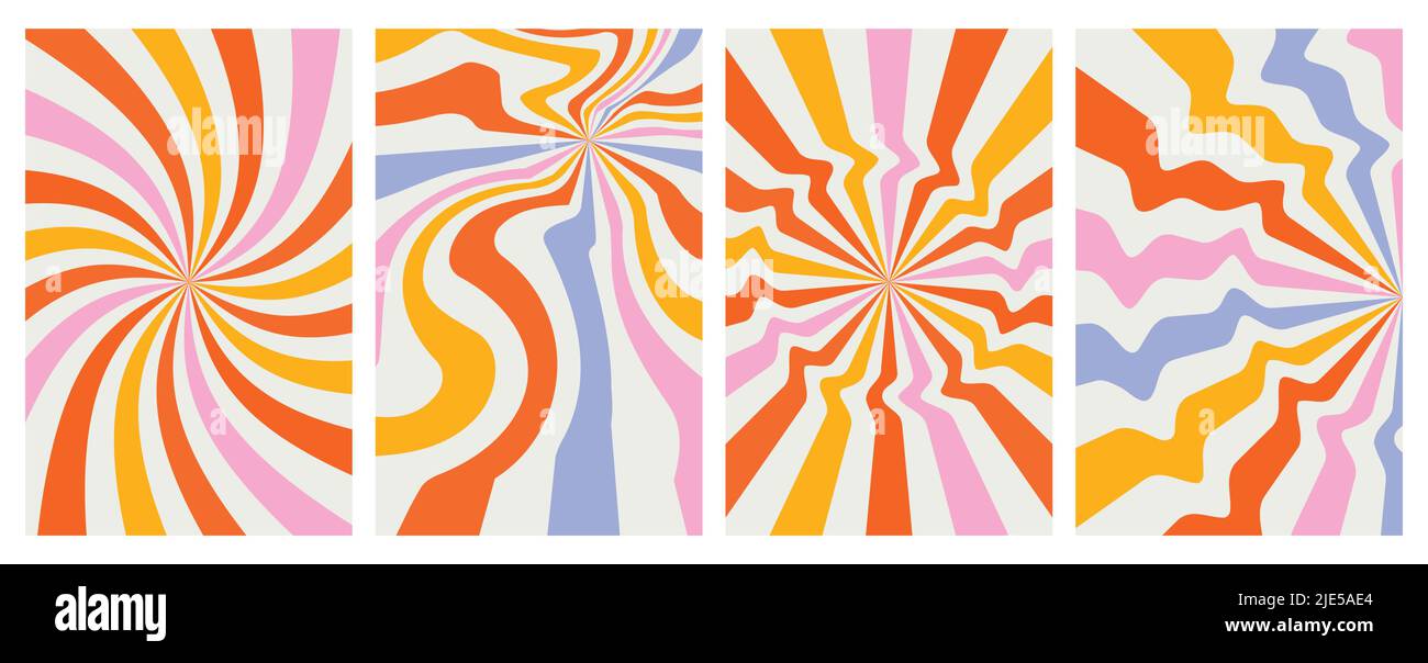 Set Säure Welle Regenbogen Linie Hintergründe in 1970s 1960s Hippie-Stil. karneval Tapete Muster Retro Vintage 70s 60s Groove. Psychedelic Poster Stock Vektor