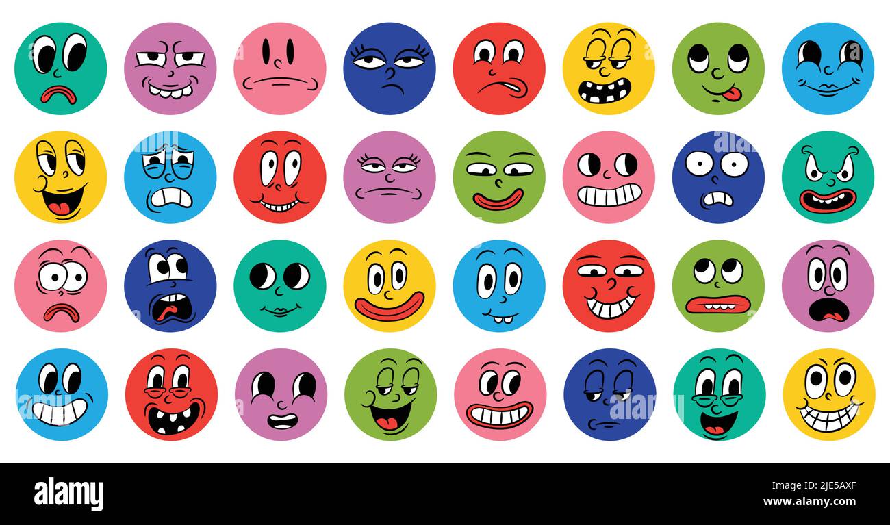 Set von Comic-Comic lustige Gesichter im Retro-Stil mit verschiedenen Ausdrucksformen von Emotionen. Abstrakte runde Ikonen von Köpfen emotionaler Charaktere. Emoji Stock Vektor