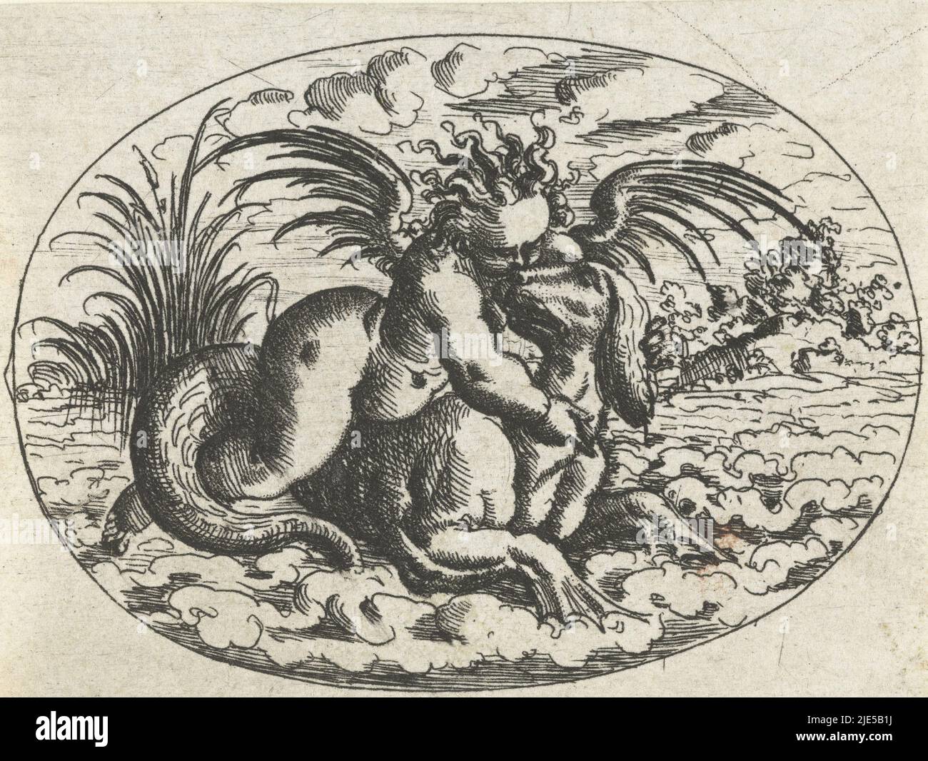 Putto, der um den Hals einer Robbe hängt. Blatt aus einer Reihe flacher Dekorationen mit Grotesken, Kartuschen, Ovalen, Maskaronen, Putti und fantastischen Kreaturen. Die Serie besteht aus drei Titelblättern, zwei Textseiten mit Widmung und Vorwort und 60 Seiten, verteilt auf drei Bücher, oval mit Putt auf Meereskreatur liegend das Neuw Grottesken Buch Nürnberg 1610 (Titelreihe)., Druckerei: Christoph Jamnitzer, Christoph Jamnitzer, Verlag: Christoph Jamnitzer, Deutschland, (möglicherweise), 1573 - 1610, Papier, Radierung, H 59 mm × B 75 mm Stockfoto