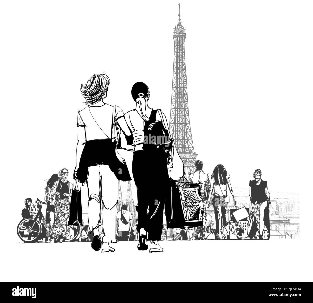 Frauen einkaufen in Paris in der Nähe des Eiffelturms - Vektor-Illustration Stock Vektor