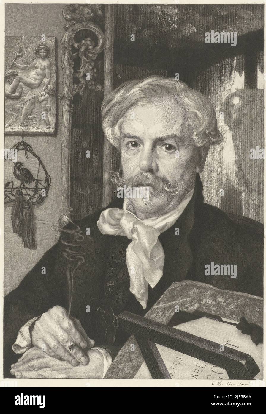 Halbfigurenportrait des Autors Edmond de Goncourt in seinem eigenen Inneren, umgeben von Objekten aus seiner Sammlung. Der Mann raucht eine Zigarette und vor ihm steht ein Ständer mit Bilderalben. Neben dem Fenster im Hintergrund befindet sich ein Bücherregal in einer dunklen Ecke des Raumes, Porträt des Autors Edmond de Goncourt Porträt von Edmond de Goncourt, Druckerei: Félix Bracquemond, (auf Objekt erwähnt), Zeichner: Félix Bracquemond, 1881, Papier, Radierung, H 507 mm × B 337 mm Stockfoto