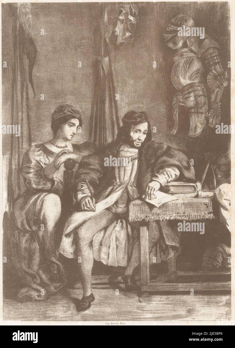 Götz von Berlichingen schreibt seine Erinnerungen an Goetz de Berlichingen écrivant ses mémoires Götz von Berlichingen (Serientitel) Goetz de Berlichingen (Serientitel), Druckerei: Eugène Delacroix, Drucker: Victor Jacques Bertauts, (Objektbezeichnung), Paris, 1836 - 1843, Papier, H 364 mm × B 253 mm Stockfoto