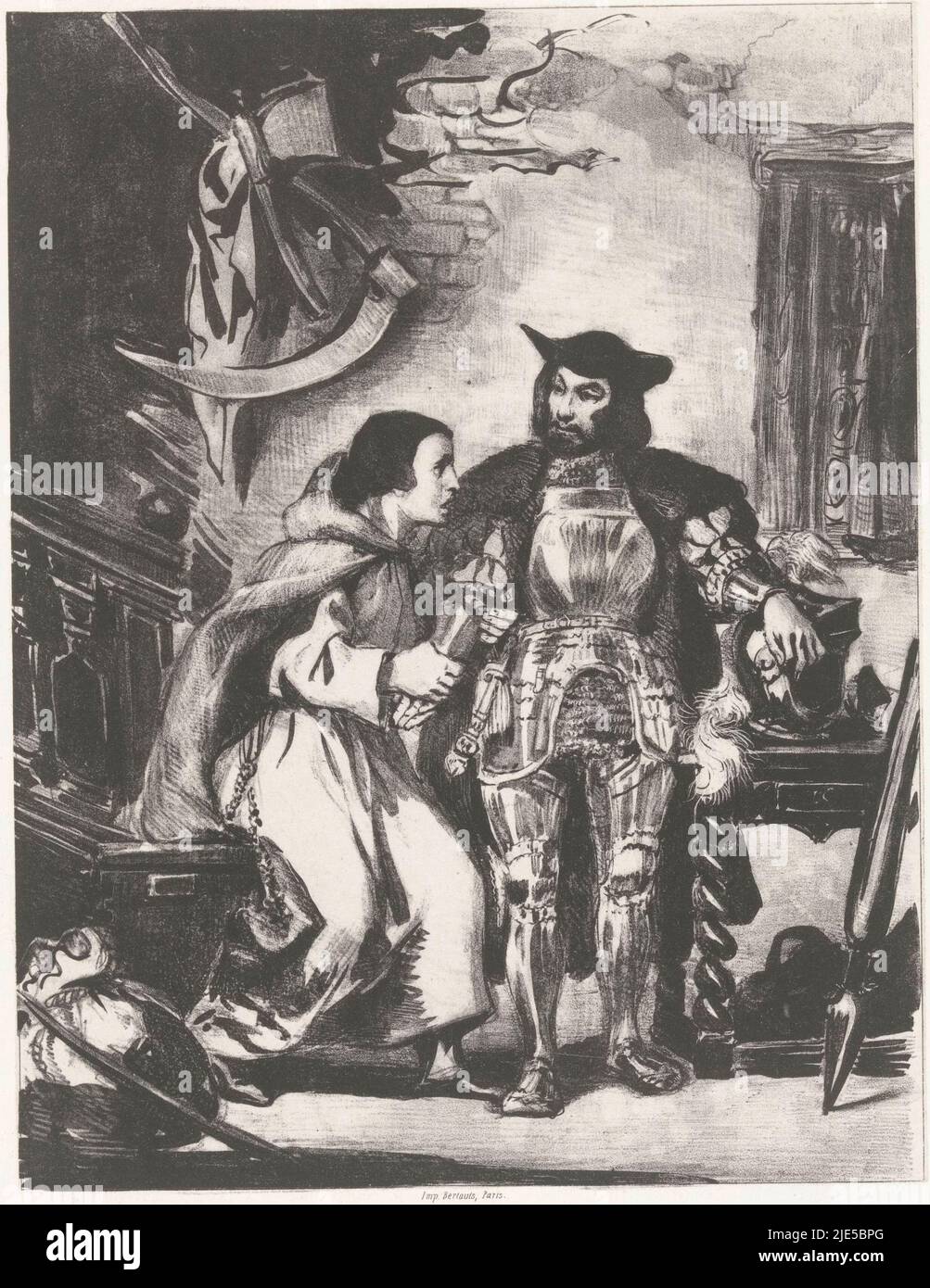 Bruder Martin legt seine eiserne Hand an Frère Martin serrant la main de fer de Goetz Götz von Berlichingen (Serientitel) Goetz de Berlichingen (Serientitel), Druckerei: Eugène Delacroix, Drucker: Victor Jacques Bertauts, (auf Objekt erwähnt), Paris, in oder nach 1836 - in oder vor 1843, Papier, H 545 mm × B 360 mm Stockfoto