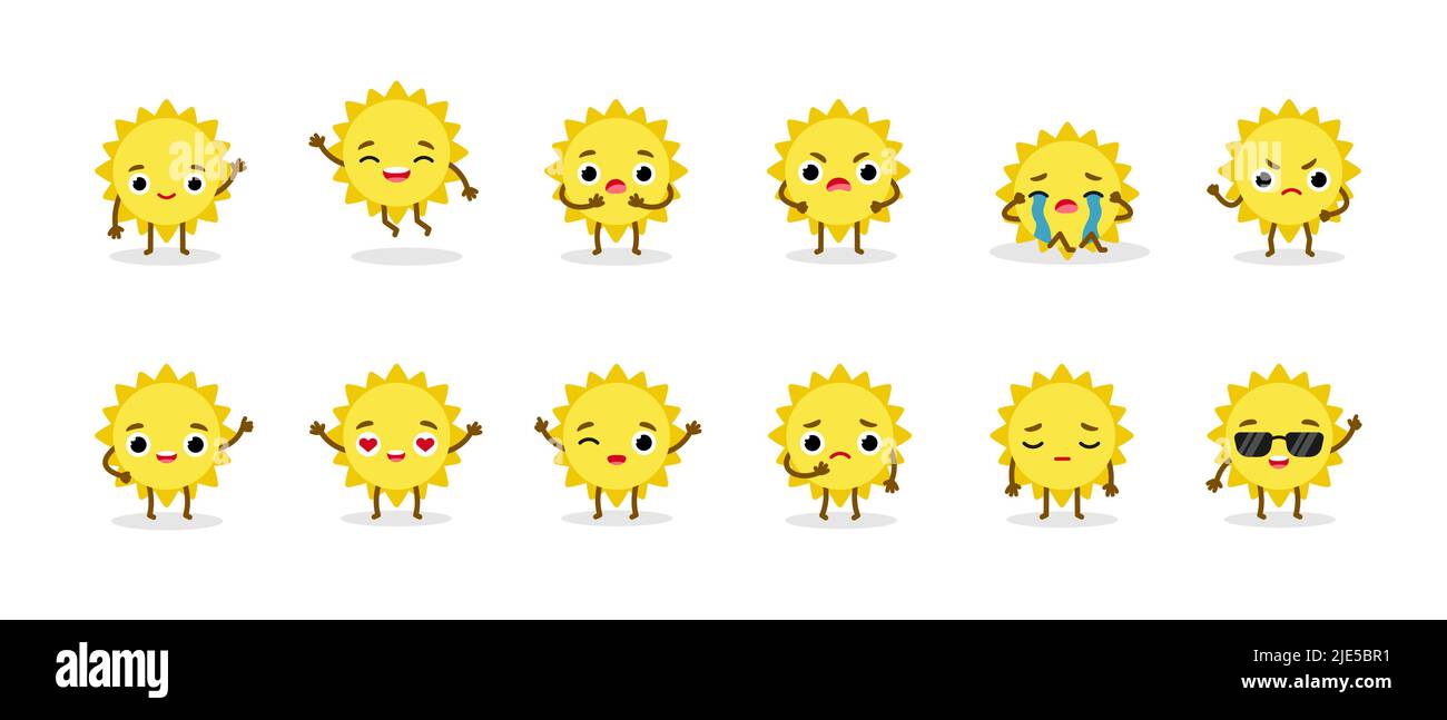 Setzen Sie Emoji-Figuren Der Sommersonne Ein. Maskottchen Planeten mit Gesichtern und Händen Stock Vektor