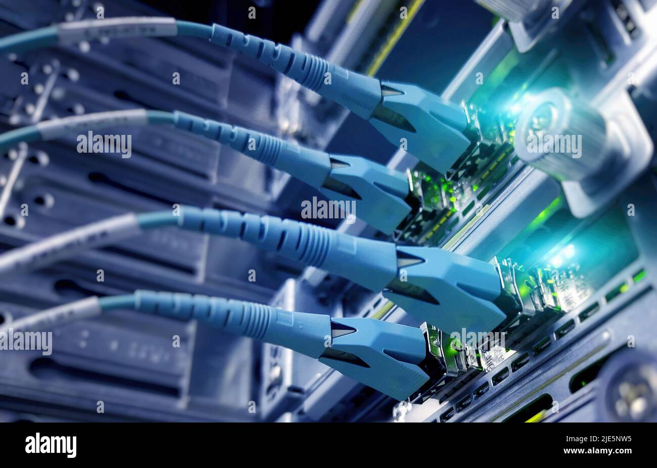 Kabel in Netzwerkserver gekuppelt. Optischer Anschluss Stockfoto