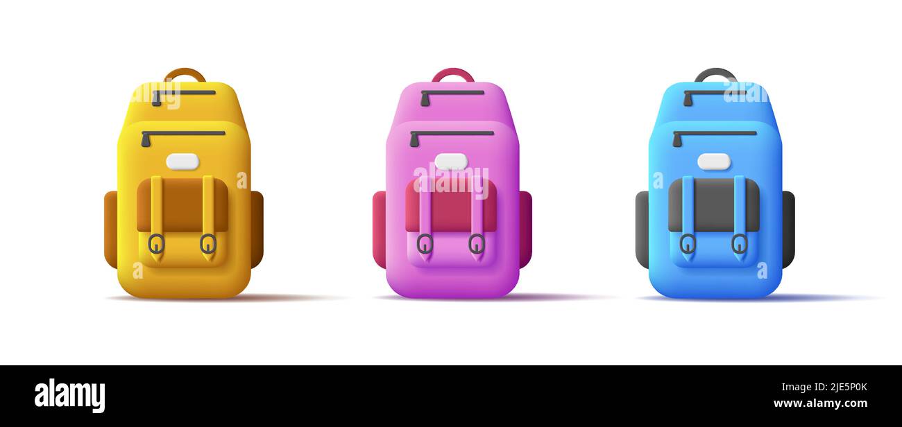 Satz von farbigen 3D Rucksack-Ikonen, Bildung oder Tourismus-Ausrüstung Stock Vektor