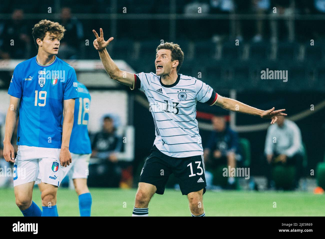 Mönchengladbach, Borussia-Park, 14.06.22: Thomas Müller (Deutschland) gestikuliert beim Länderspiel zwischen Deutschland vs. Italien. Foto: pressefoto M Stockfoto