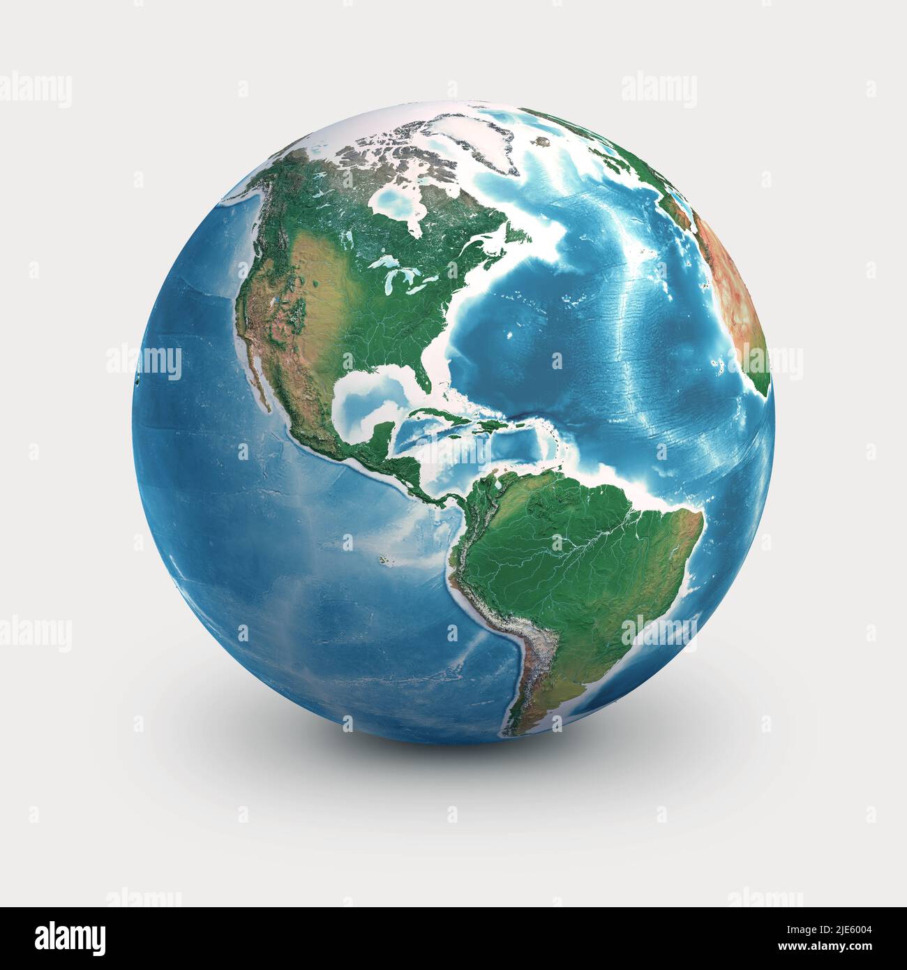 Physischer Erdglobus, der sich auf Nord- und Südamerika konzentriert. Planet Erde, isoliert auf Weiß - 3D Abbildung, Elemente dieses Bildes von der NASA. Stockfoto