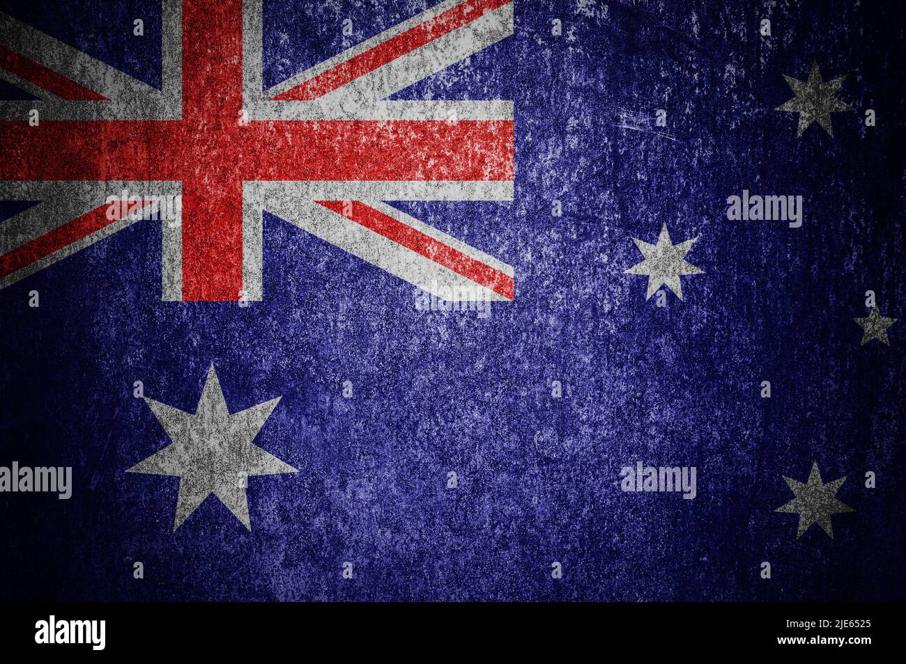 Nahaufnahme der grunge australischen Flagge. Schmutzige Australien-Flagge auf einer Metalloberfläche. Stockfoto