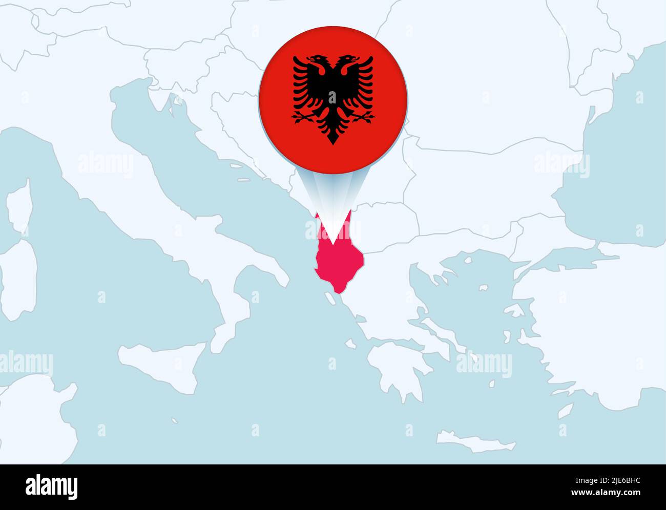 Europa mit ausgewählter Albanienkarte und Symbol für die Flagge Albaniens. Vektorkarte und Flagge. Stock Vektor