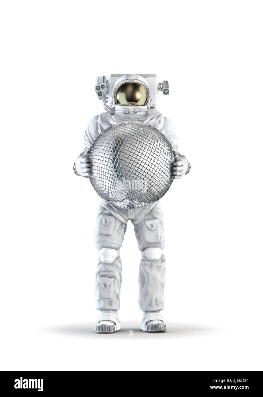 Astronaut mit Diskokugel - 3D Abbildung des Raumanzugs, der eine männliche Figur trägt, die eine glänzende Spiegelkugel auf weißem Studiohintergrund hält Stockfoto