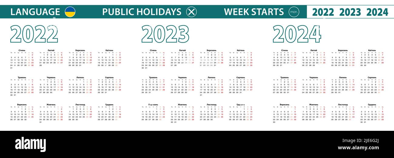 Einfache Kalendervorlage in Ukrainisch für 2022, 2023, 2024 Jahre. Die Woche beginnt ab Montag. Vektorgrafik. Stock Vektor