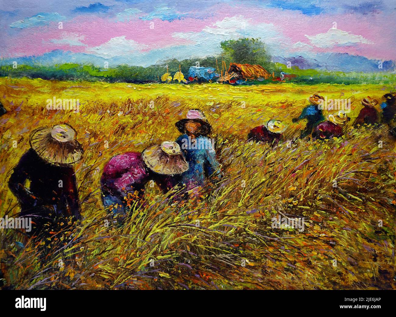 Kunst Malerei Ölfarbe Ernte Reis , Land in den Provinzen Thailand auf Leinwand Stockfoto