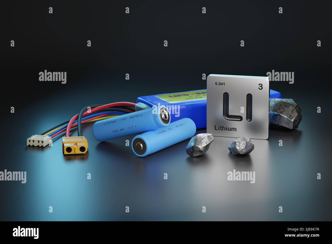 Lithium-Batterien, metallisches Lithium und Elementsymbol auf dunklem Hintergrund. 3D Abbildung. Stockfoto