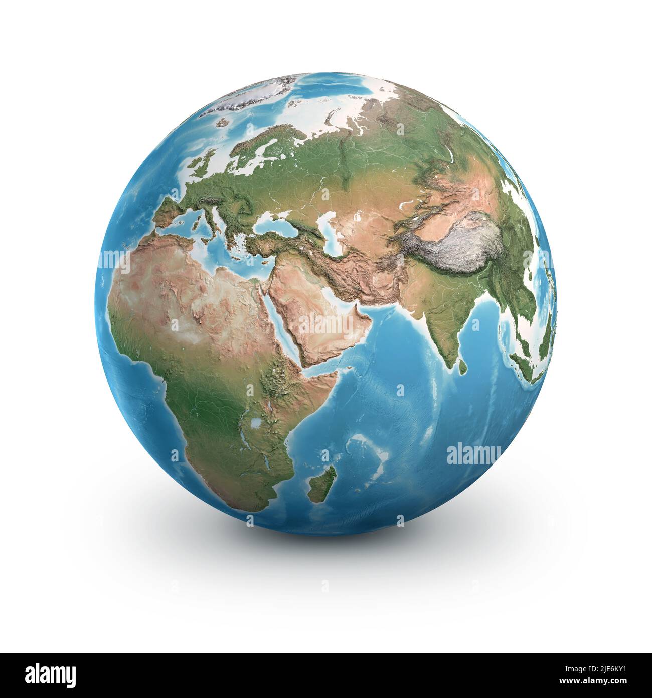 Physischer Erdglobus, sehr detailliert, konzentriert auf Europa, Asien und Afrika. Planet Erde, isoliert auf Weiß - von der NASA eingerichtete Elemente Stockfoto