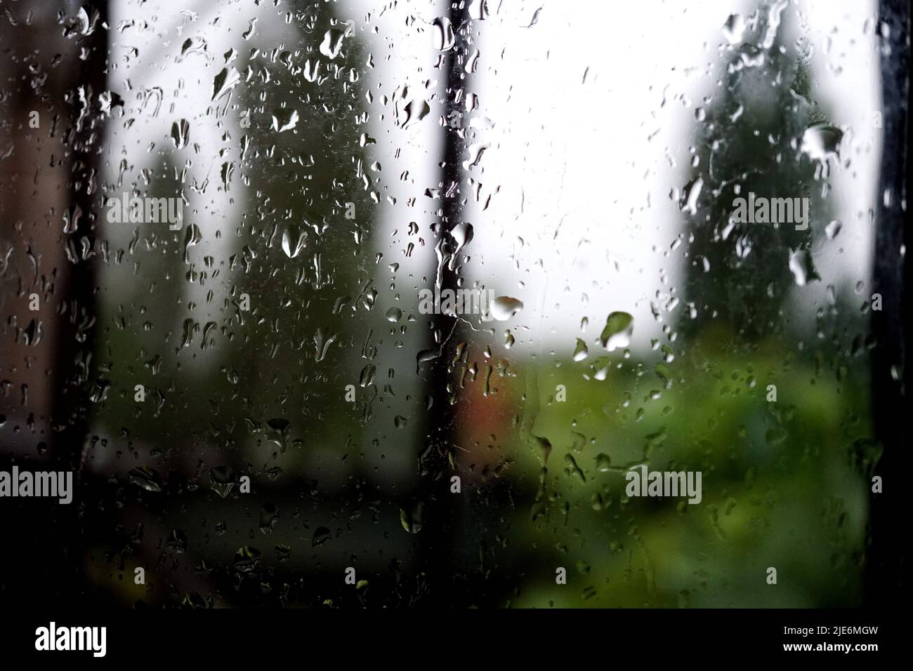 Regentropfen auf der Fensterscheibe, mit verschwommenem Hintergrund Stockfoto