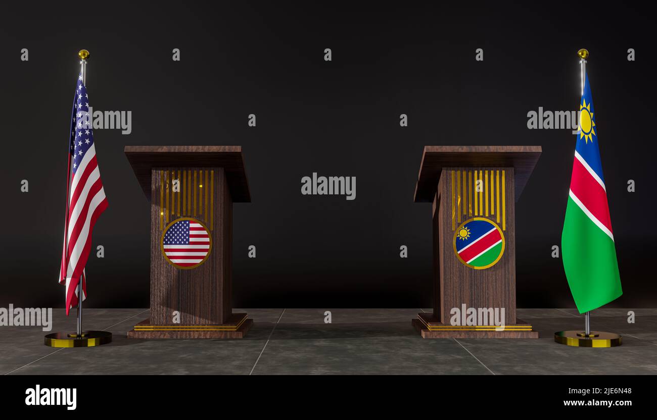 Flagge der USA und Namibias. Verhandlungen zwischen den USA und Namibia. Rostrum für Reden. 3D Arbeit und 3D Bild Stockfoto