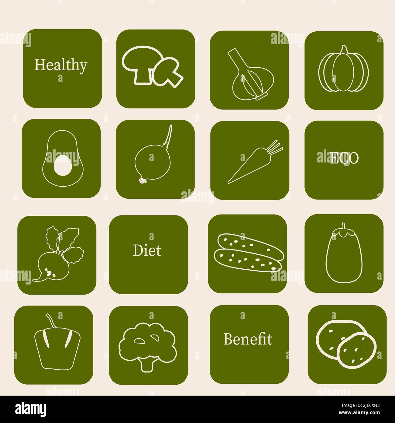 Sammlung von Sticker mit Gemüse-Icons auf grün. Gesunde Ernährung Konzept. Vektorgrafiken. Stock Vektor