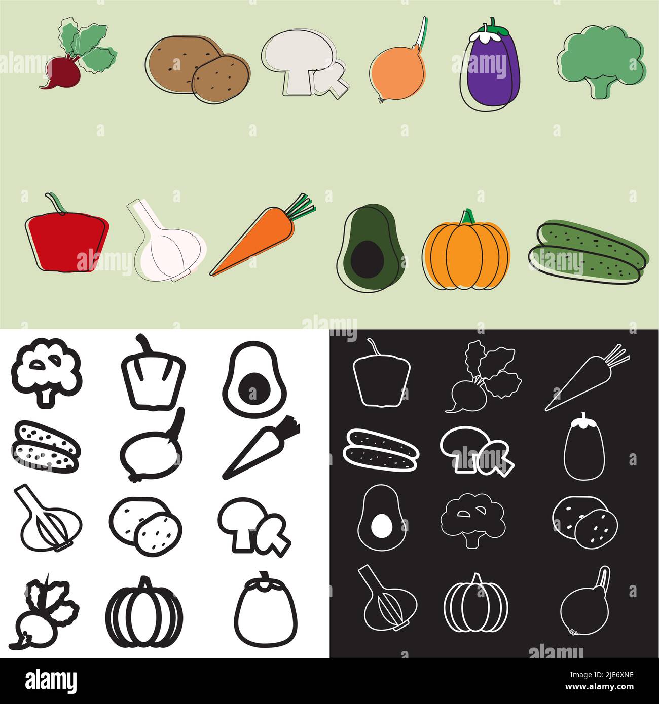 Sets von zwölf Gemüse-Symbole auf verschiedenen Hintergründen. Gesundes Lebensmittelkonzept. Vektordarstellung.Symbole der Gemüselinie. Stock Vektor