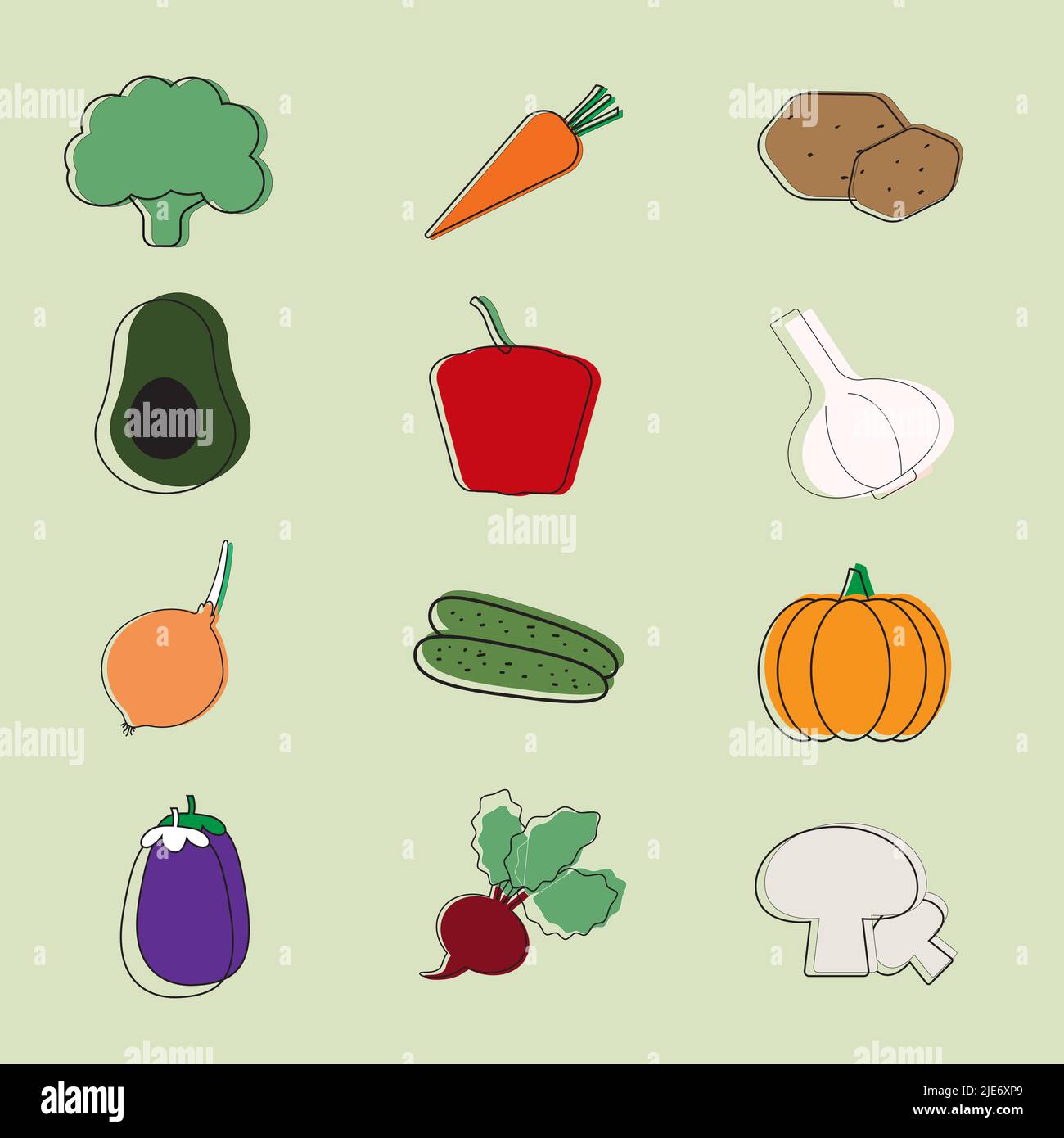 Set von gesunden Gemüse auf dem hellgrünen Hintergrund. Vektorgrafik. Gesunde Ernährung Food Concept.Gemüse Symbole. Stock Vektor