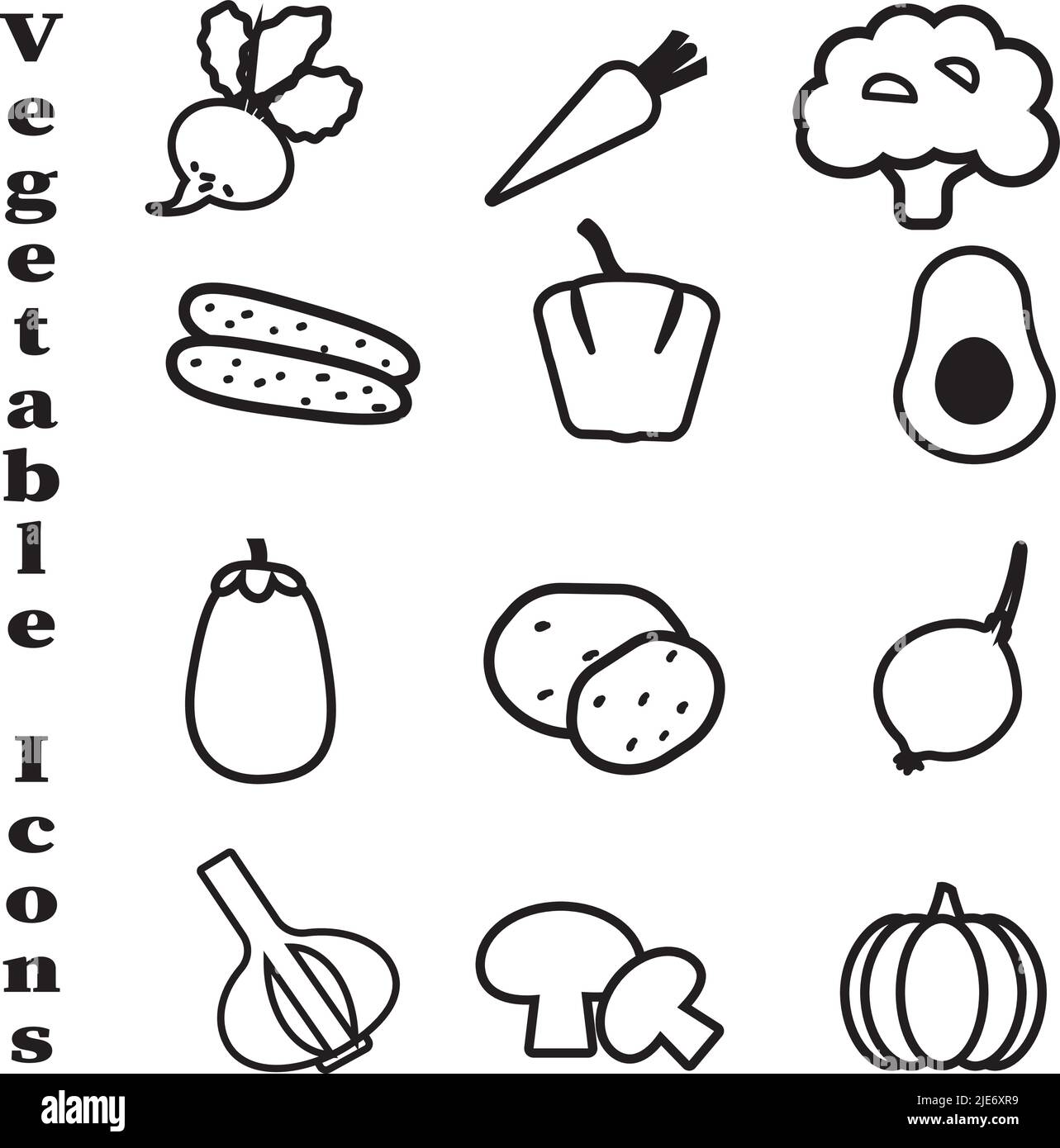 Satz von Symbolen für die Gemüselinie. Schwarze Vektorgrafiken auf weißem Hintergrund. Gesunde Ernährung Ernährung Konzept. Stock Vektor