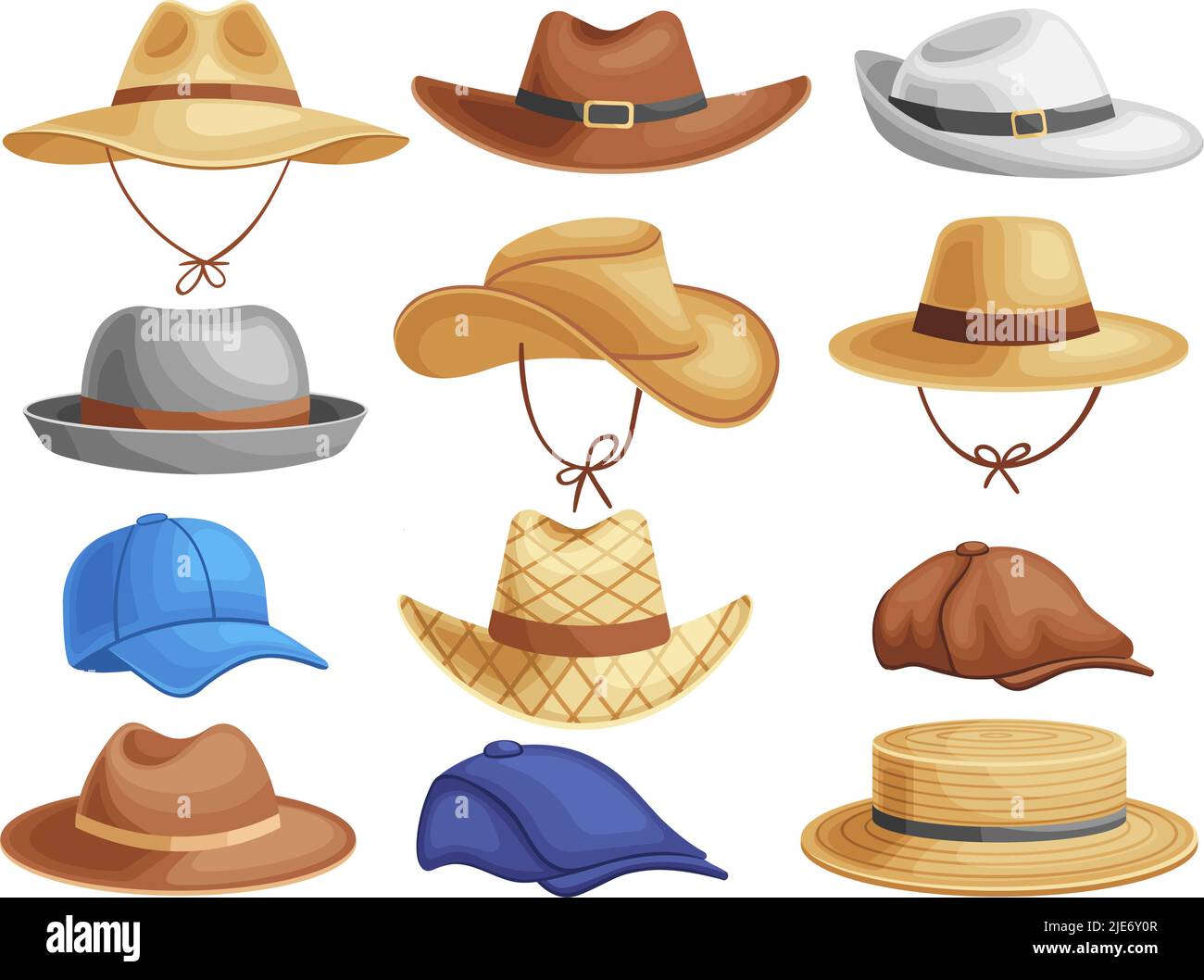 Sommerhüte für Männer. Mann Kopfbedeckung, Cowboy Strohkopf Zubehör und Spitzenhut Cartoon Vektor-Set Stock Vektor