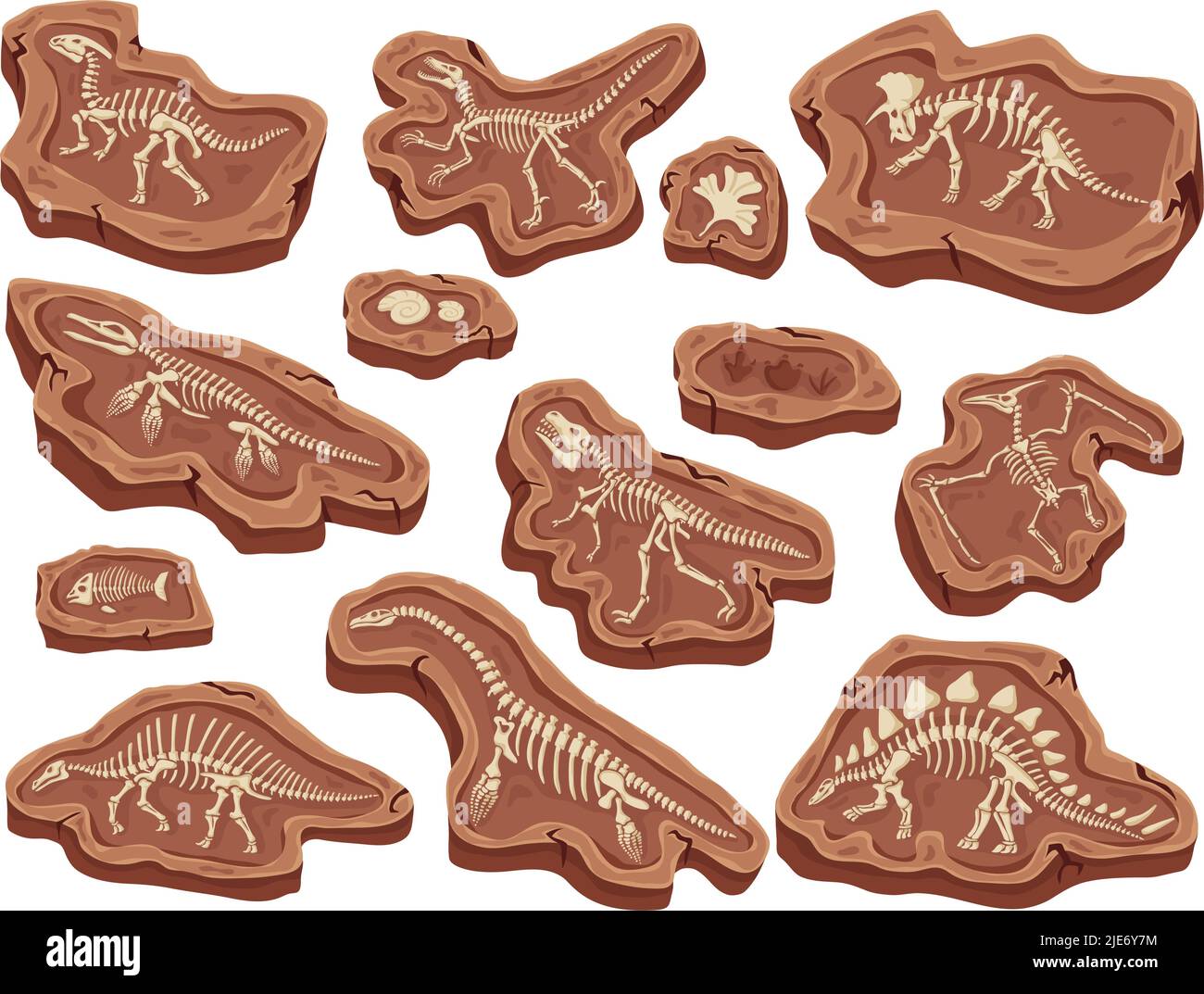 Cartoon-Fossilien. Dinosaurier-Fossilisierung, alte Fischknochen und
