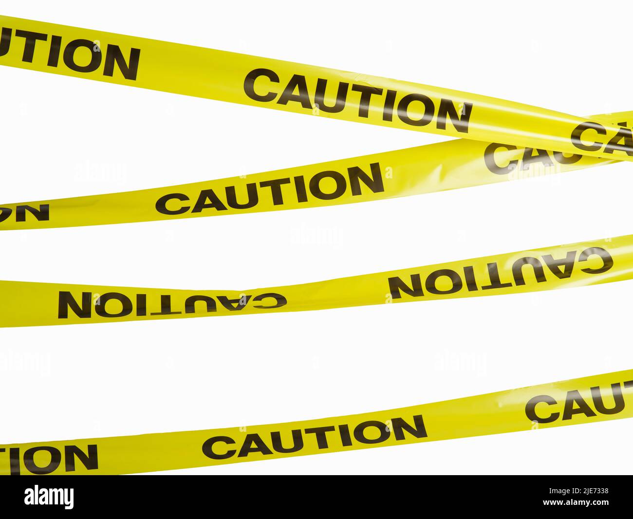 Ein Satz gelber Bänder mit der Aufschrift - Achtung!. Warnung vor Polizei und Passanten. Straftat, Gebäude im Bau. Fen Stockfoto