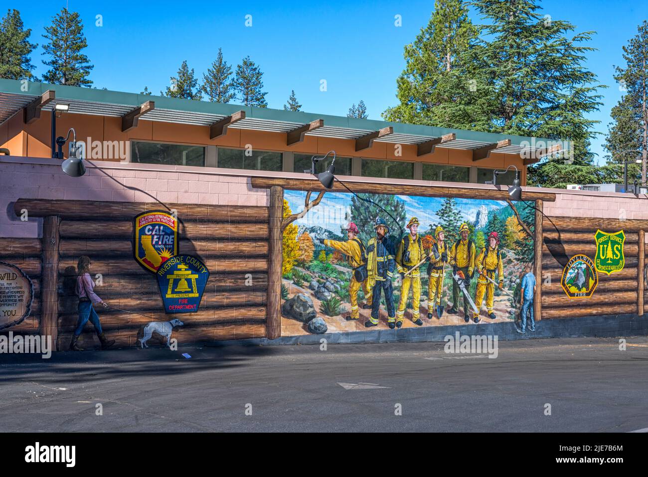 Wandgemälde auf der Rückseite der öffentlichen Bibliothek. Idyllwild, Kalifornien, USA. Stockfoto