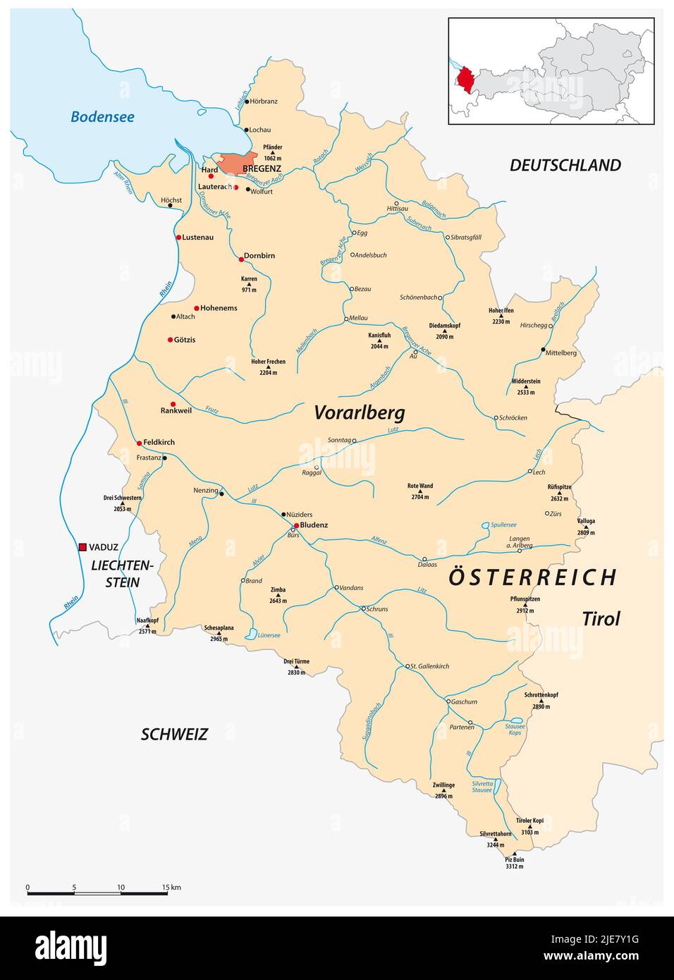 Vektorkarte des österreichischen Bundeslandes Vorarlberg auf Deutsch Stockfoto
