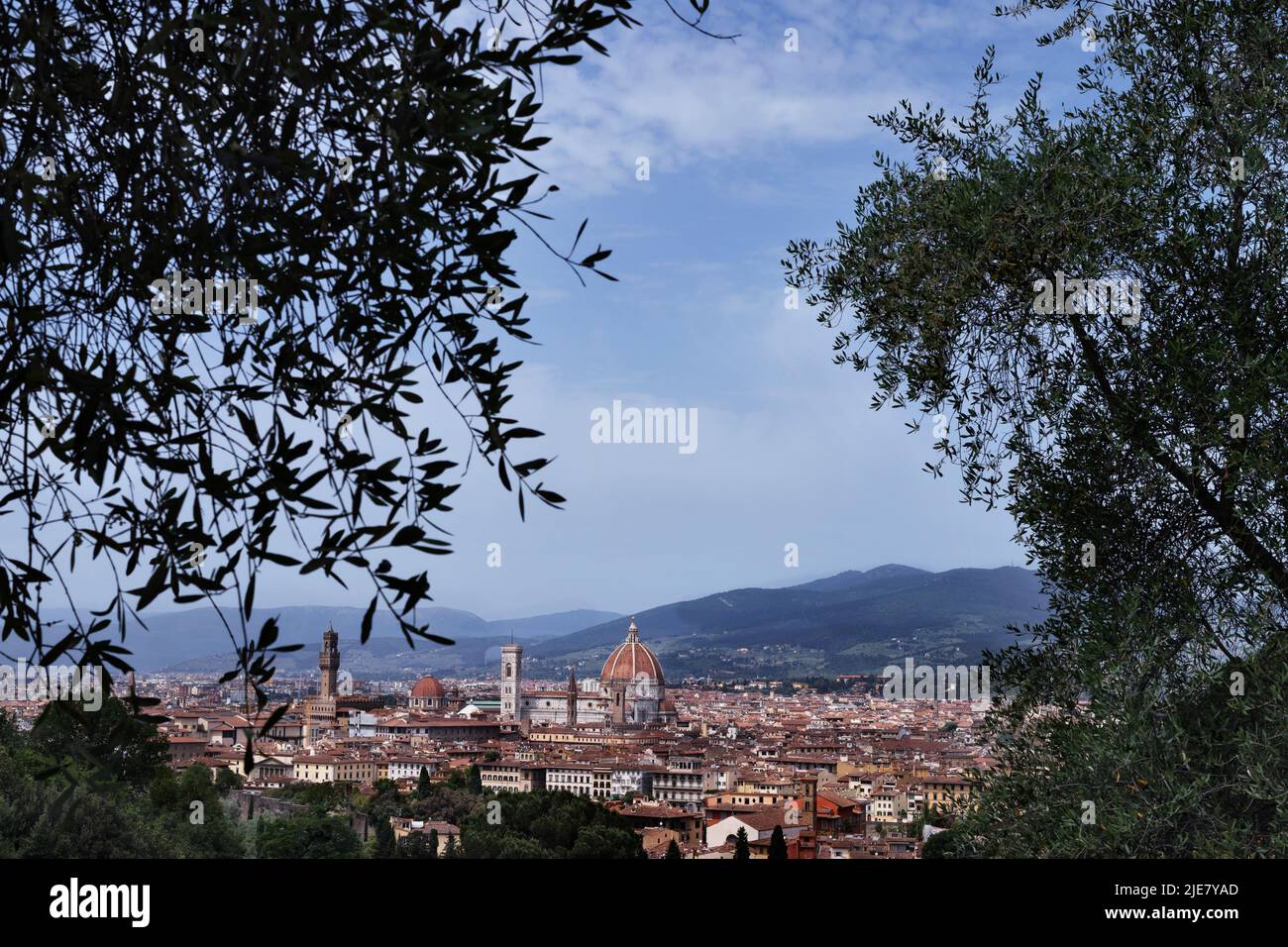Landschaft von Florenz , Toskana , Italien mit Kathedrale Santa Maria del Fiore , Giotto Glockenturm und Brunelleschi Kuppel Stockfoto