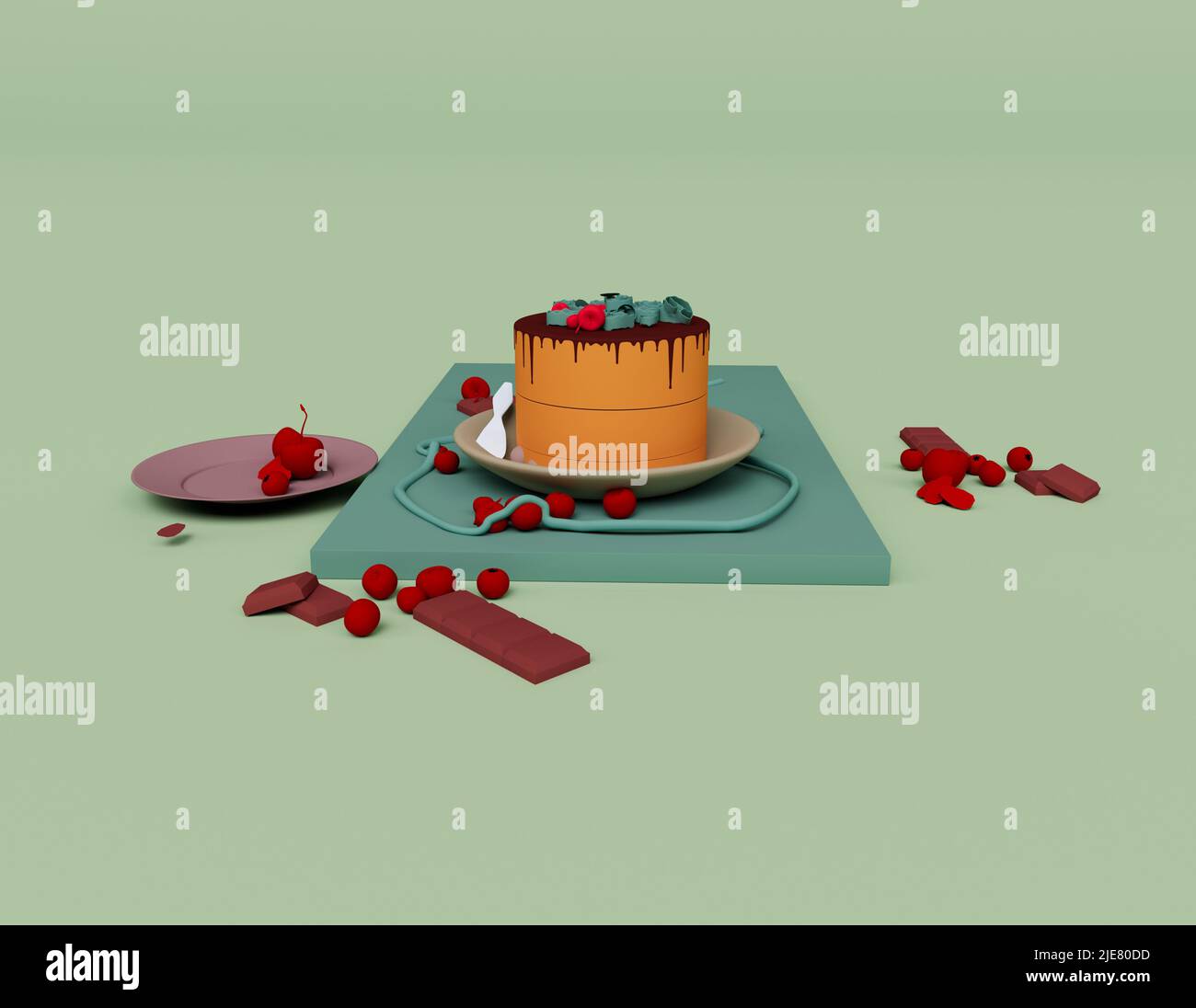 3D Render von Geburtstagstorte Schokoladenfarbe, mit Kirsche auf Teller 3D Illustration isoliert auf Pastellfarben, minimale Szene Stockfoto