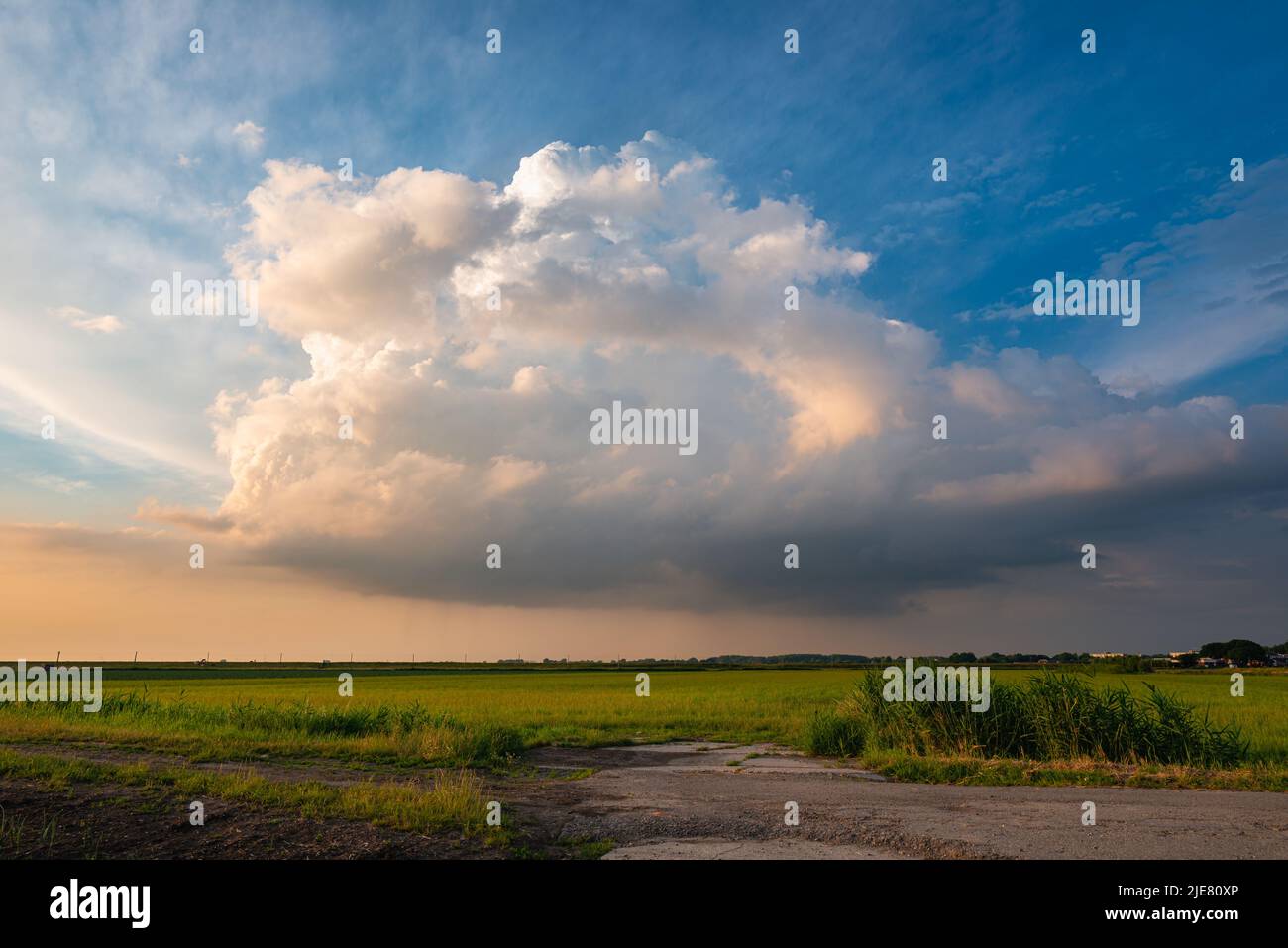 Weitwinkelansicht einer Sturmwolke über einer flachen Landschaft während der goldenen Stunde Stockfoto