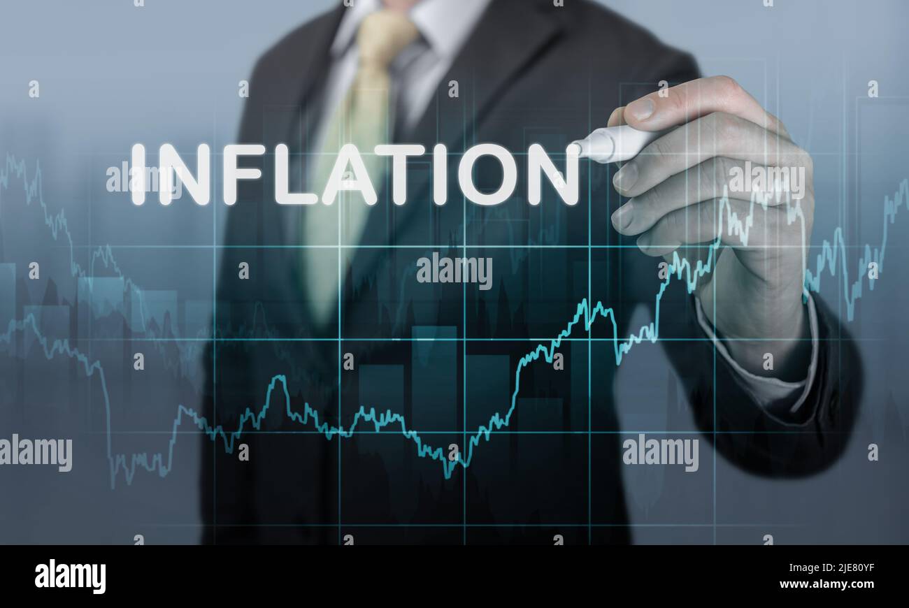 Geschäftsmann schreibt Wort Inflation vor dem Hintergrund der Grafik-Chart der steigenden Inflationsraten 2023 2022 Jahre. Steigende Inflation. Inflation, Steuern, Bargeld Stockfoto