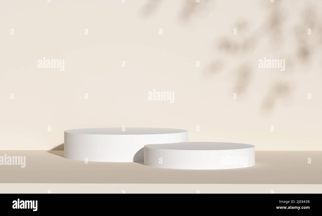 Doppeltes minimalistisches Podium mit natürlichem Licht auf beigefarbenem Hintergrund für die Produktanzeige. Leere Podestplattform. Mojo-Konzept. 3D Rendering. Stockfoto