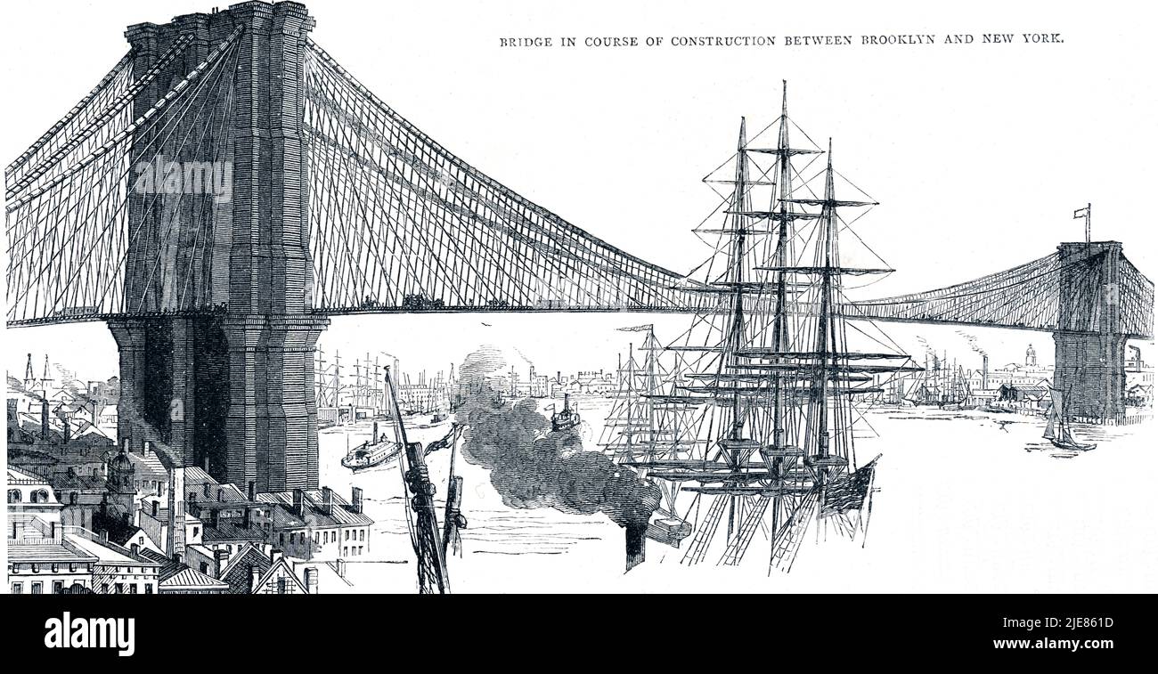 Brooklyn Bridge Suspension under Construction USA 19. Jahrhundert Illustration Stockfoto
