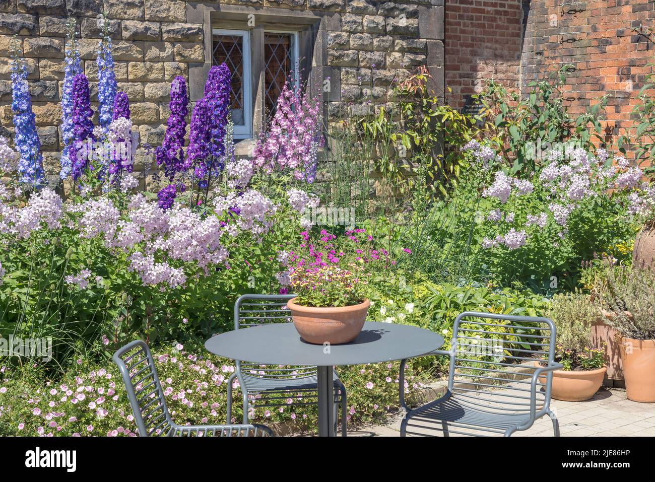 Kleiner Garten mit Terrakotta-Pflanzgefäßen, Tisch und Stühlen. Stockfoto