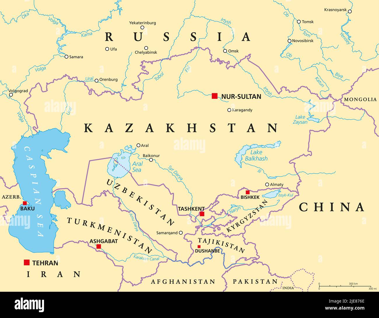 Zentralasien, politische Karte. Subregion Asiens, bestehend aus ehemaligen Sowjetrepubliken. Vom Kaspischen Meer bis China und von Südrussland bis Iran. Stockfoto
