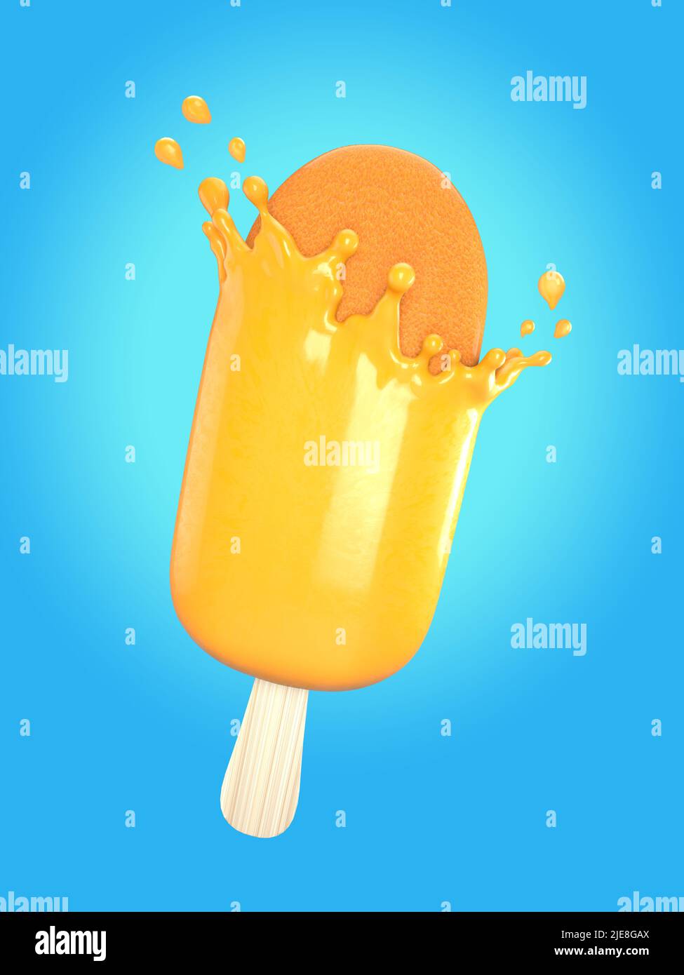 3D Abbildung der orangefarbenen Eisdiele mit Orangensaft-Spritzer, Arbeitsweg oder Schneideweg enthalten Stockfoto
