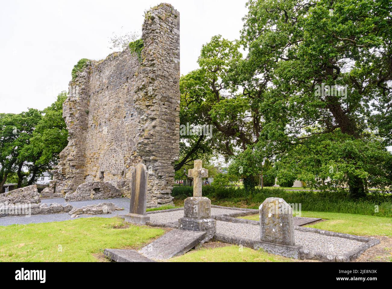 Teil eines alten Turmhauses auf dem Gelände des Timahoe-Friedhofs, County Laois, Irland Stockfoto