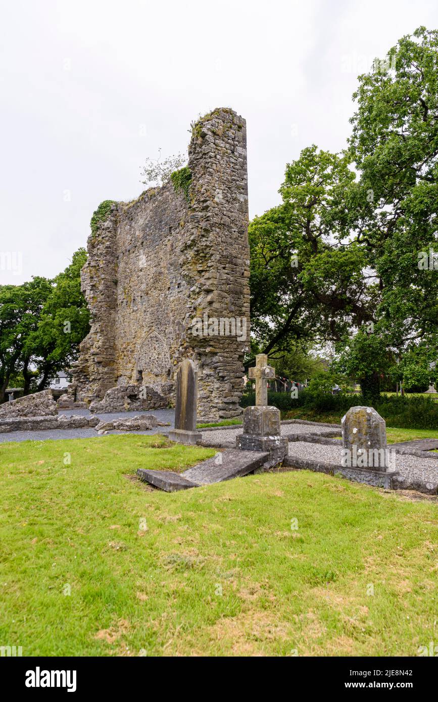Teil eines alten Turmhauses auf dem Gelände des Timahoe-Friedhofs, County Laois, Irland Stockfoto