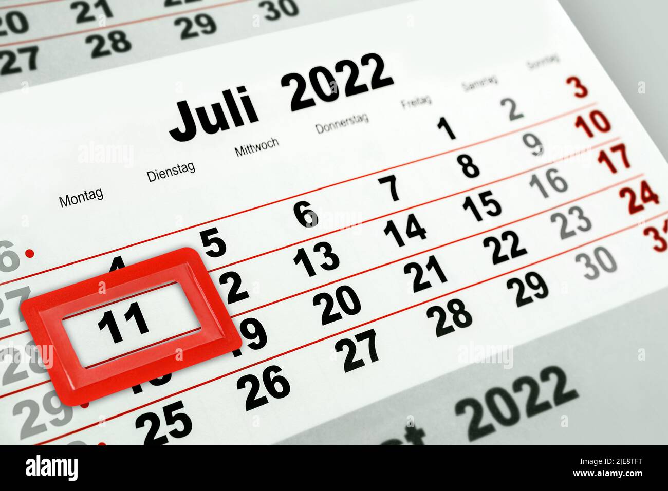 Deutscher Kalender Juli 11 2022 Montag und Wochentage Stockfoto