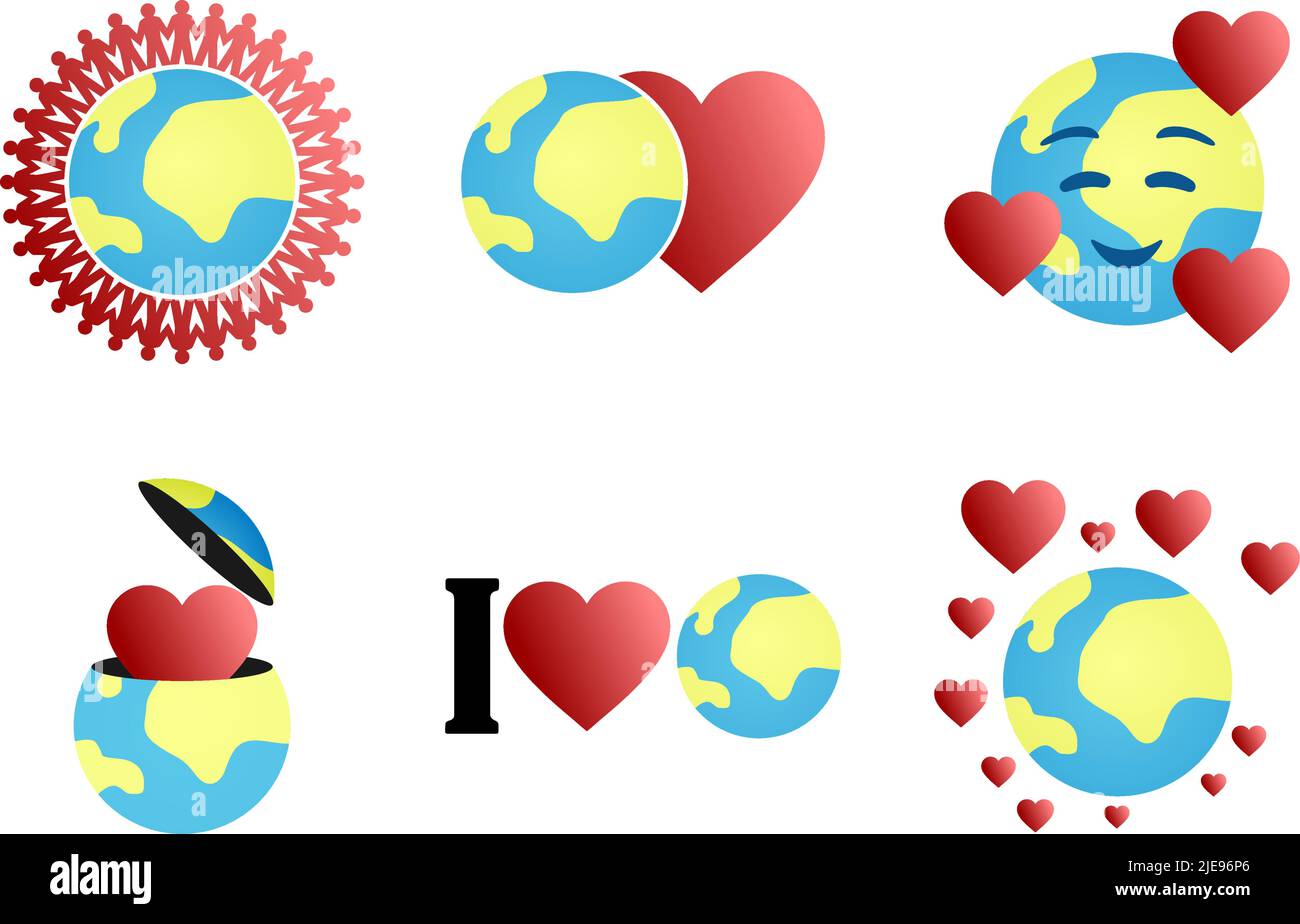 Set von Vektor-Illustrationen mit dem Thema der Liebe zur Erde. Isoliert auf weißem Hintergrund. Stock Vektor