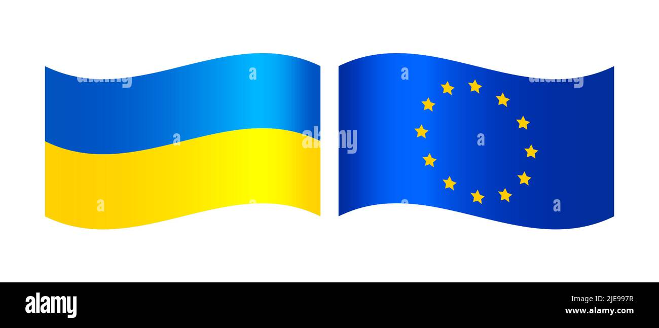 Flaggen der Ukraine und der Europäischen Union isoliert auf weißem Hintergrund. Ukraine und EU-Flagge. Vektorgrafik. Stock Vektor