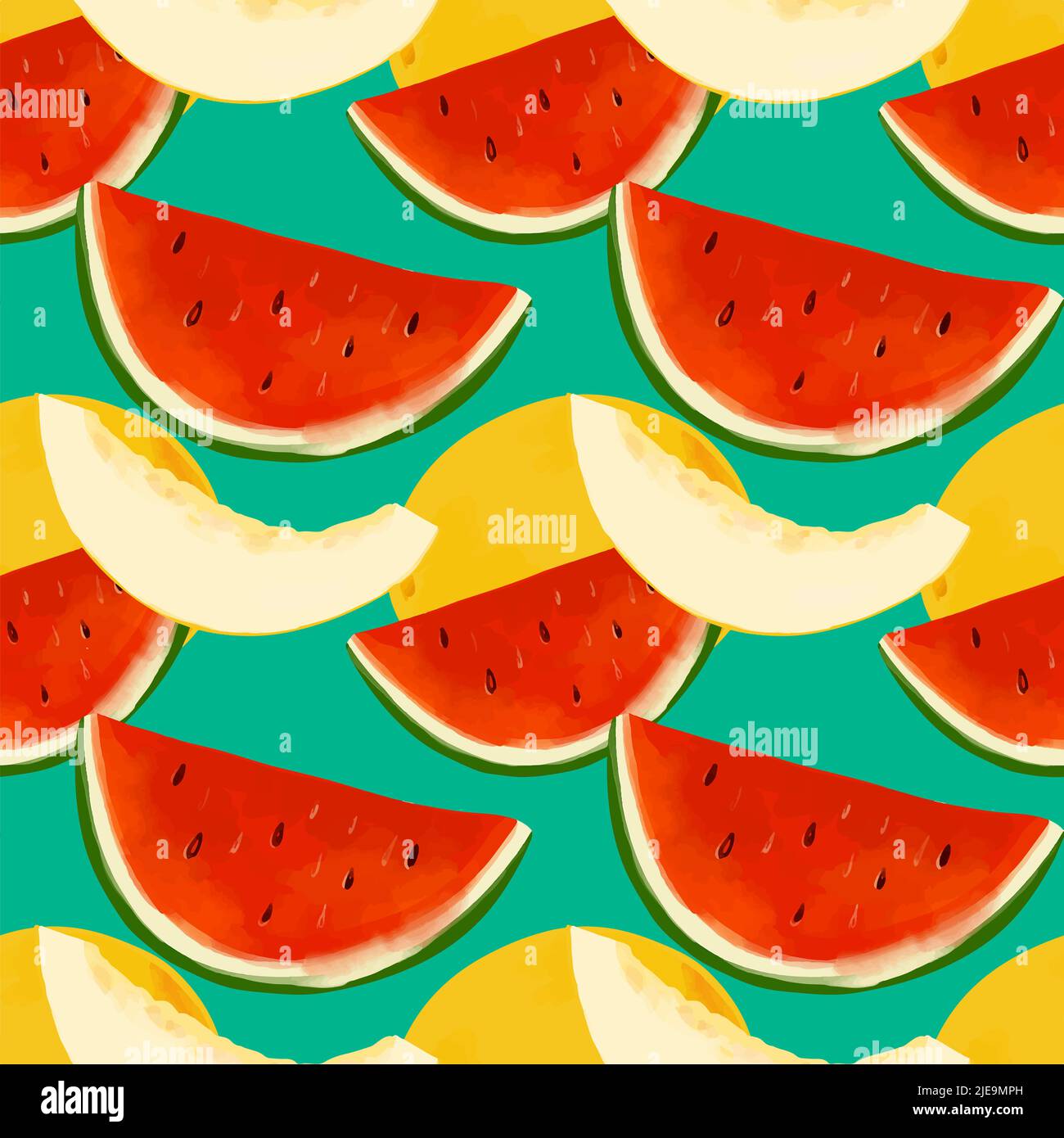 Sommer nahtloses Muster mit Wassermelonenscheiben und Melone auf blauem Hintergrund Stock Vektor