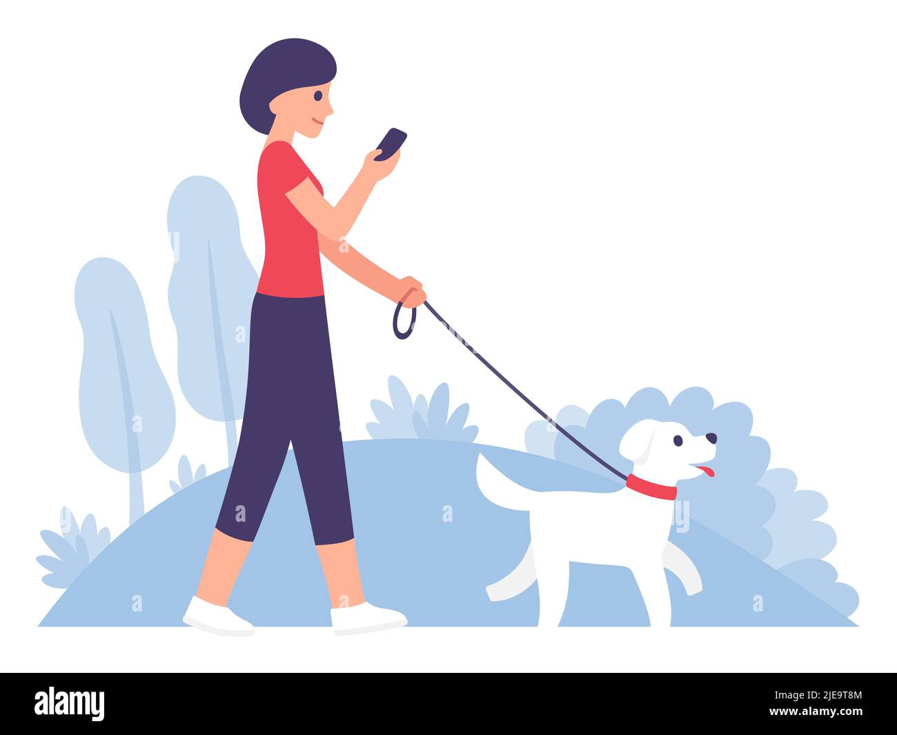 Frau, die Hund im Park läuft, während sie auf das Smartphone schaut. Einfache, moderne flache Cartoon-Stil Vektor-Illustration. Stock Vektor