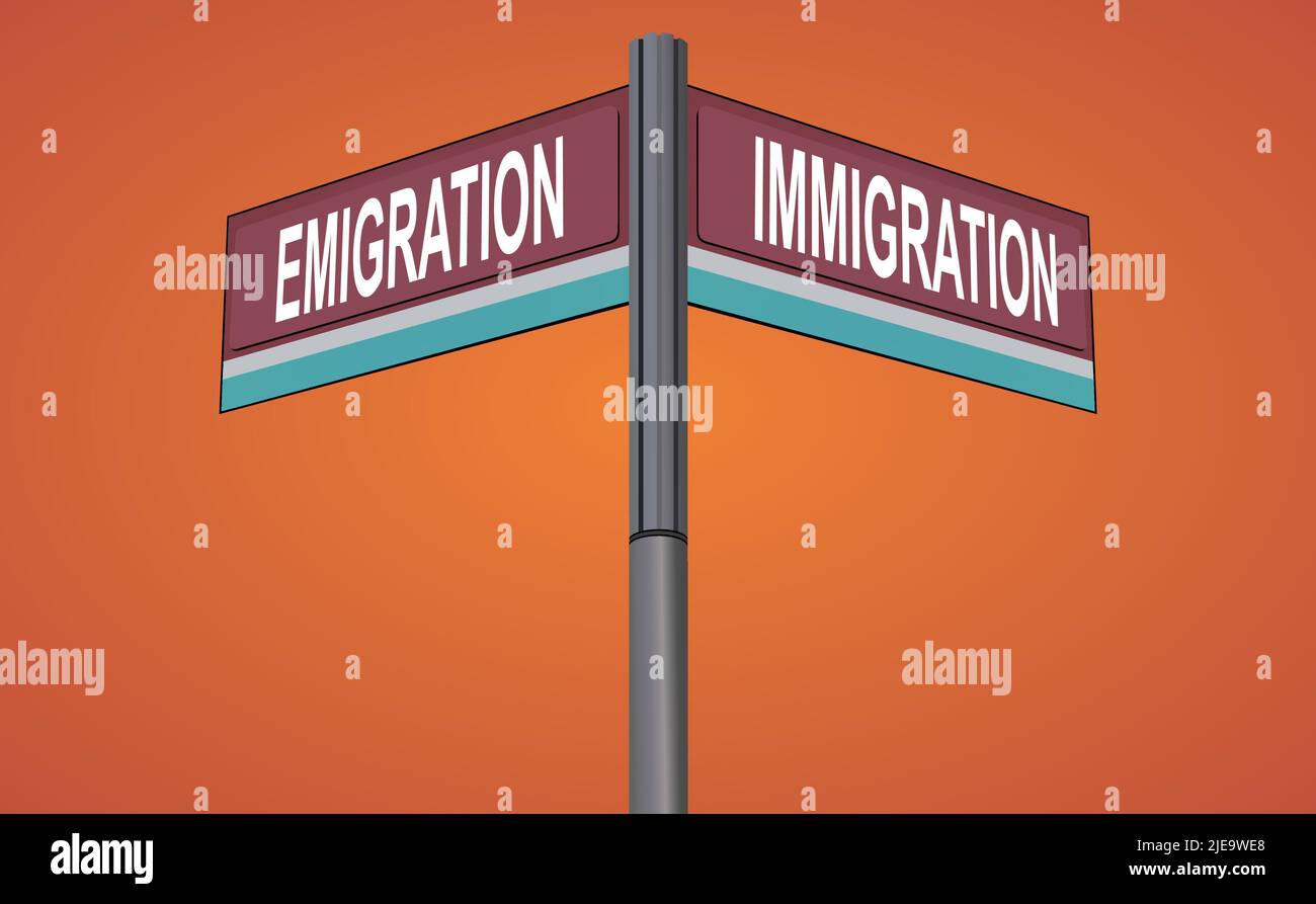 Emigration auf der einen Seite mit Immigration Another Direction, chromfarbenes Straßenschild, mit gelesenen und grünen Richtungspfeiletiketten, Halloween Orange Hintergrund. Stock Vektor