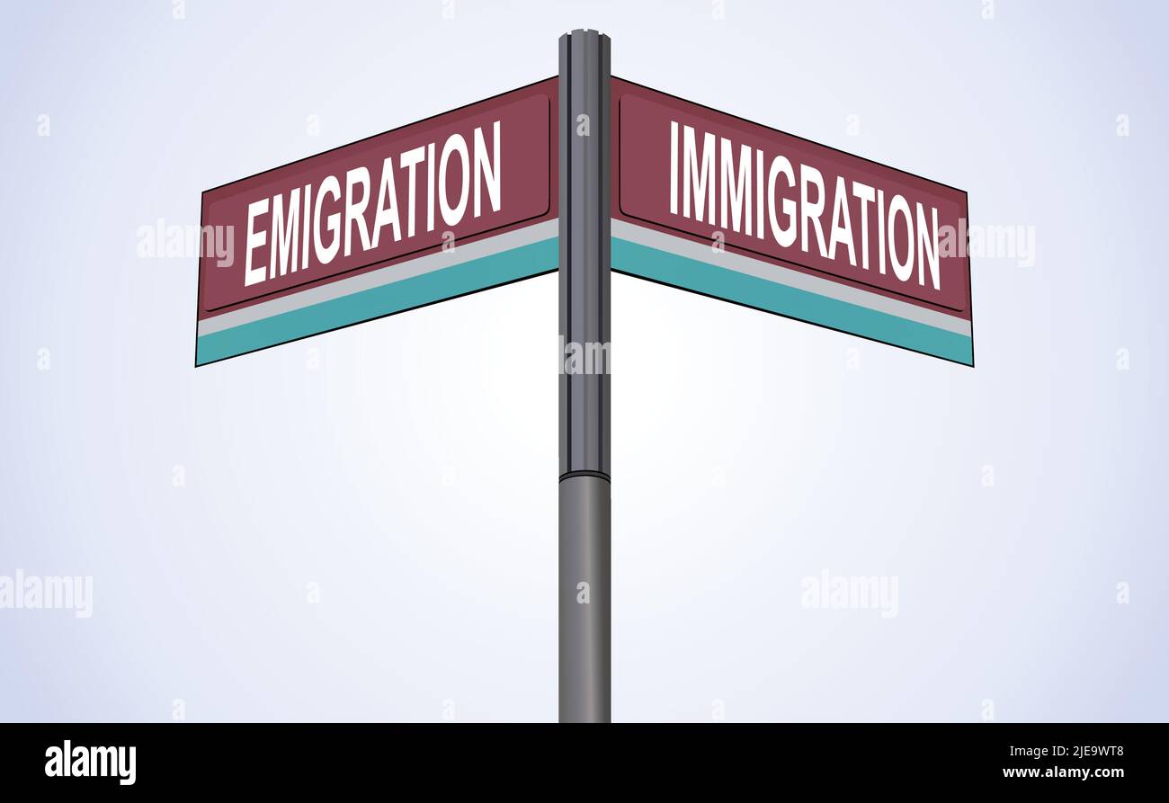 Emigration auf der einen Seite mit Immigration eine andere Richtung, Chrom-Straßenschild, mit gelesenen und grünen Richtungspfeiletiketten, Blue Chalk Hintergrund. Stock Vektor