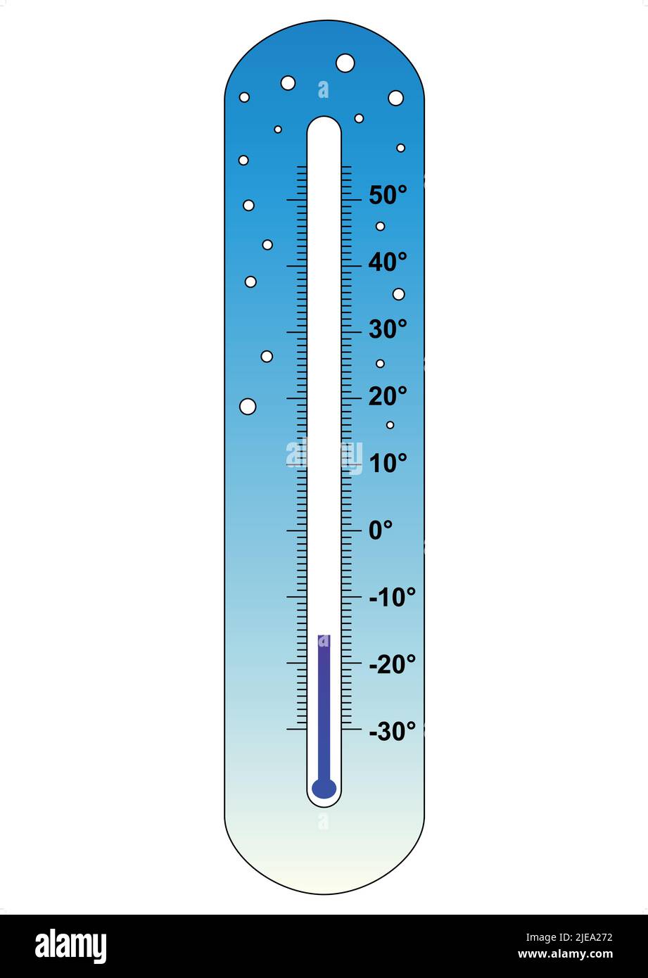 Quecksilberthermometer, kalte Temperatur. Vektorgrafik, blauer und weißer Hintergrund Stock Vektor