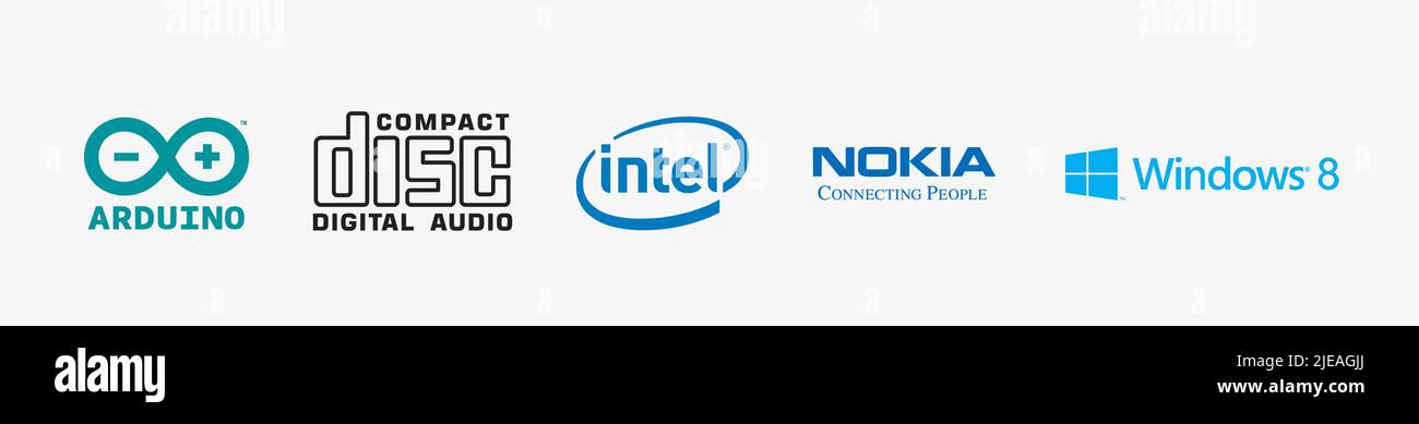 Technologie-Logo-Bundle: Arduino-Logo, Nokia-Logo, Windows 8-Logo, Intel-Logo, CD-Logo, Vektorgrafik für Technologie-Logo. Stock Vektor